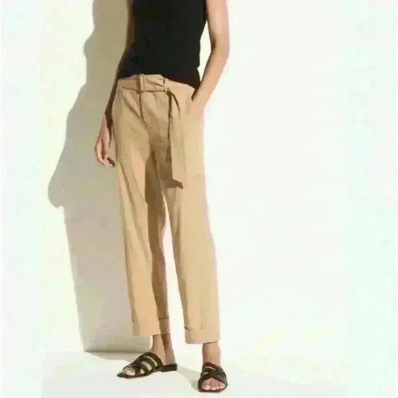Vince - belted, stretch linen, paper bag, crop trousers- Sz L - Picture 1 of 10